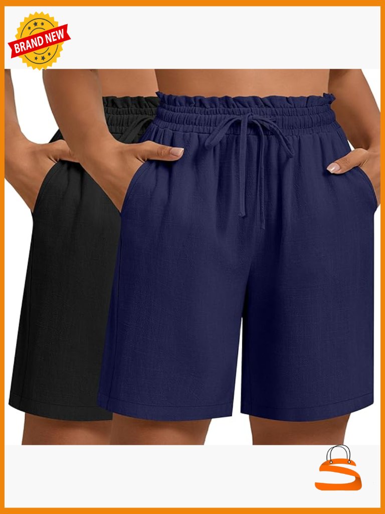 Plus Size Linen Bermuda Shorts Drawstring High Waisted Ruffles 2 Pack